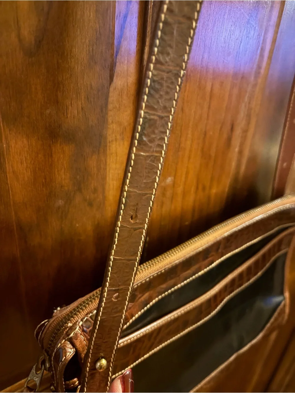 Brahmin Brown Croc-Embossed Leather Crossbody with Black Panel